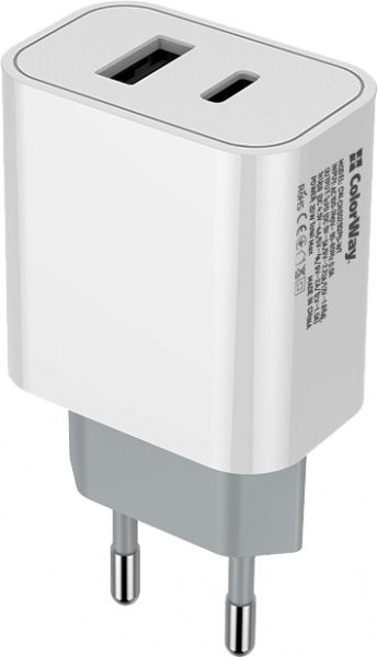 Сетевое зарядное устройство ColorWay (Type-C PD + USB QC3.0) 20W V2 белый CW-CHS025QPD-WT