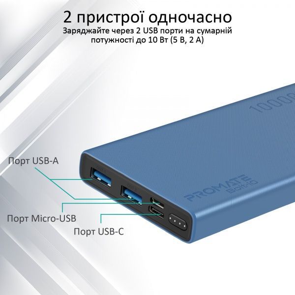 Зовнішній акумулятор (Powerbank) Promate Bolt-10 10Вт 2xUSB 10000 mAh (bolt-10.blue) 