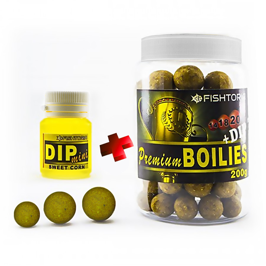 Бойли Fishtoria насадочні Premium Boilies 14.18.20мм + DIP 20мл кукурудза 200 г — фото 1