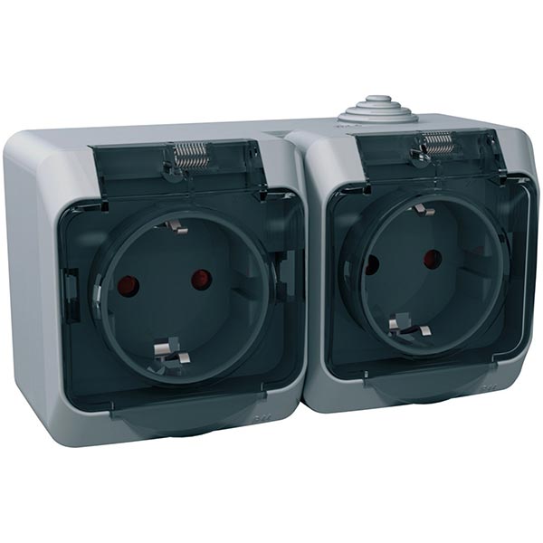 Розетка подвійна із заземленням Schneider Electric Cedar Plus зі шторками з кришкою сірий WDE000625