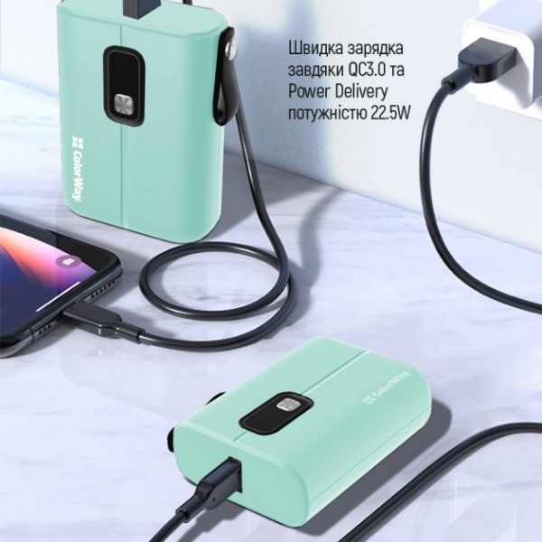 Внешний аккумулятор (Powerbank) ColorWay Full power Ligthning + USB QC3.0 + USB-C PD 22.5W 10000 mAh green (CW-PB100LPK2GR-PDD) 