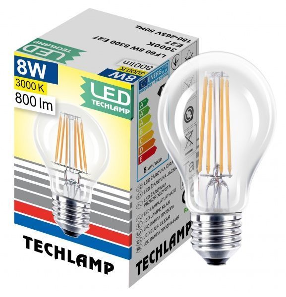 Лампа світлодіодна Techlamp Classic A60 8 Вт E27 3000 К 220 В прозора 