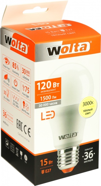 Лампа светодиодная Wolta 15 Вт A60 матовая E27 220-240 В 3000 К 25Y60BL15E27 