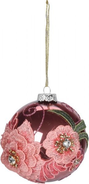 Куля новорічна з квітами рожева скло 10 см 