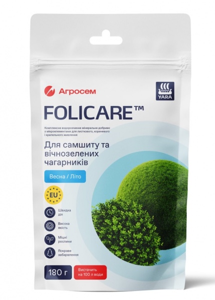 Удобрение для самшита и вечнозеленых кустарников Yara весна-лето Folicare 180 г