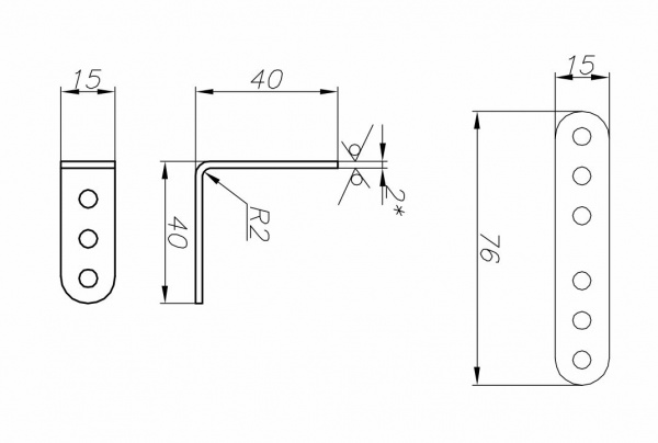 Кутник монтажний перфорований Сталевий характер рівносторонній 40x40x15 мм 2 мм (1шт.)