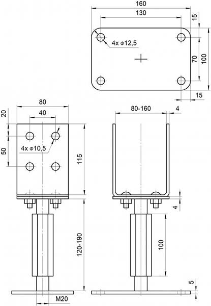 Опора колони регулююча U-подібна 80-160, h 245-315 1 шт. 