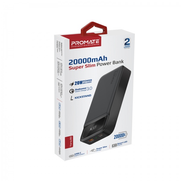 Универсальная мобильная батарея Promate 20000 mAh black (torq-20.black) Torq-20 20000 mAh, USB-C PD, USB-А QC3.0 