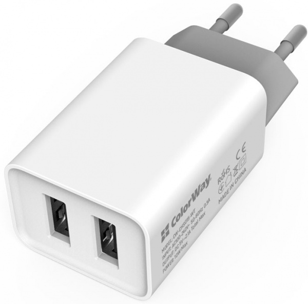 Мережевий зарядний пристрій ColorWay 2USB AUTO ID 2.1A 10W (CW-CHS015-WT) 