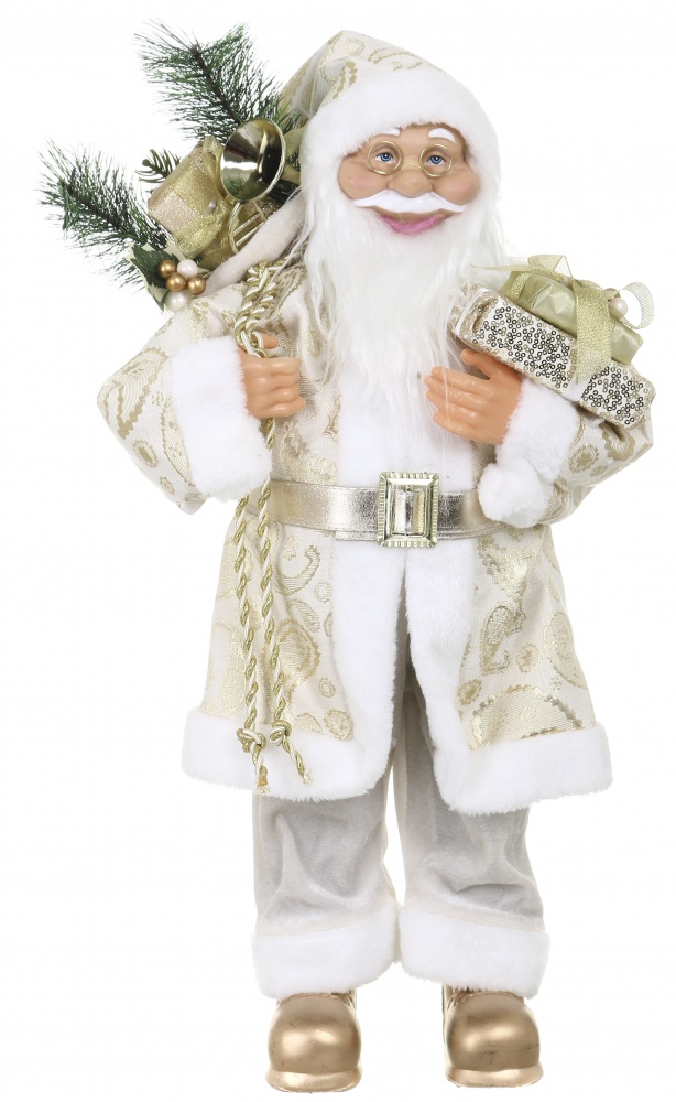 Декоративная новогодняя фигура Санта с подарками бело-золотой 60 см