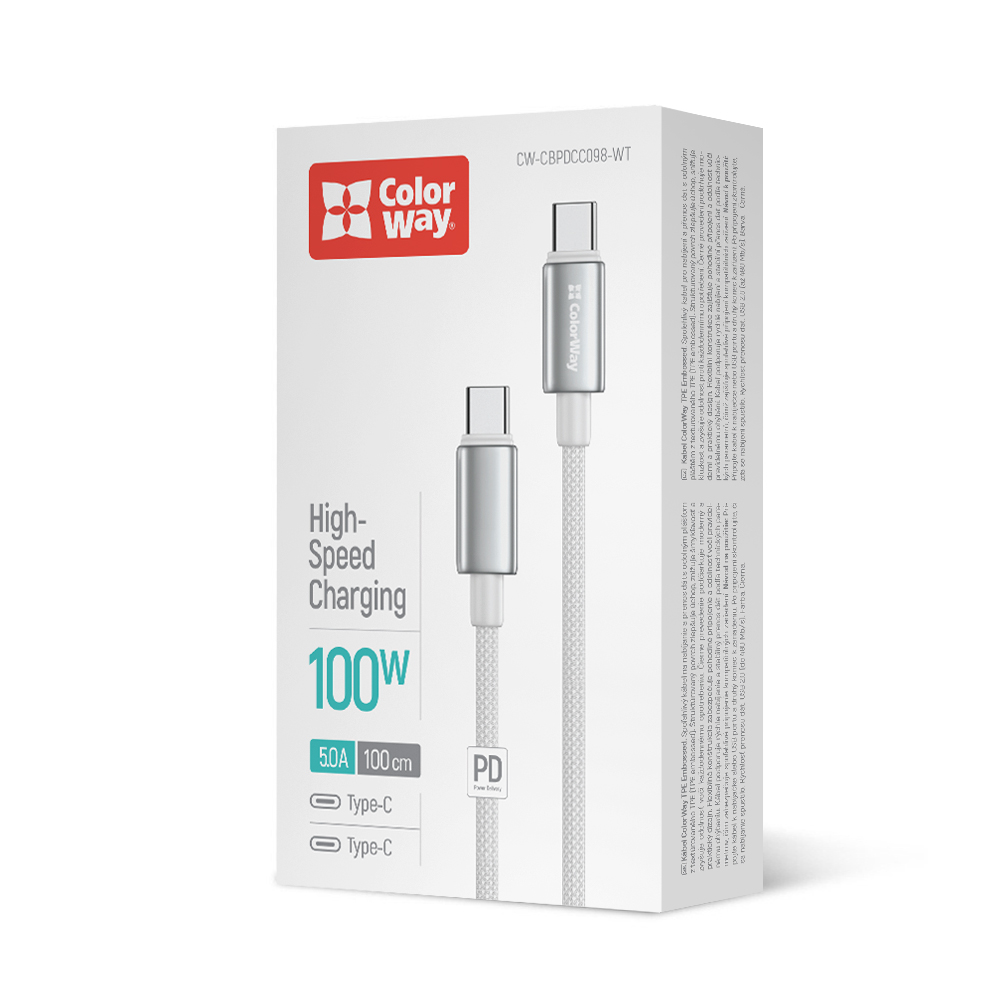 Дата-кабель ColorWay Type-C - Type-C (zinc alloy braided) (PD Fast Charging 100W) 5А 1 м white (CW-CBPDCC098-WT) — фото 1