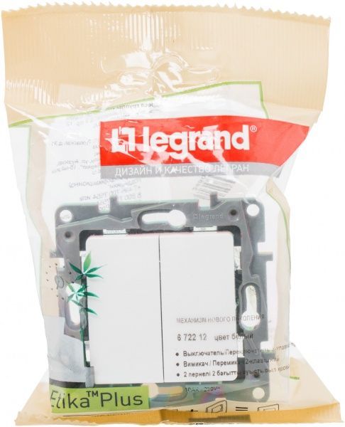 Переключатель проходной двухклавишный Legrand Etika с автомат. клемами без подсветки 10 А 250В IP20 белый