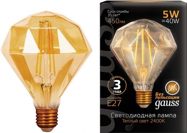 Лампа світлодіодна Gauss Filament Diamond Gold 147802005 G108 5 Вт E27 2400 К 220 В прозора 