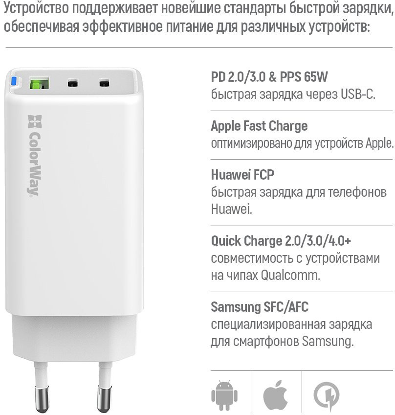 Сетевое зарядное устройство ColorWay GaN Mini 65W PD Port PPS USB (USB-2C1A) cable Type-C&Lightning (CW-CHS058PDCL-WT)