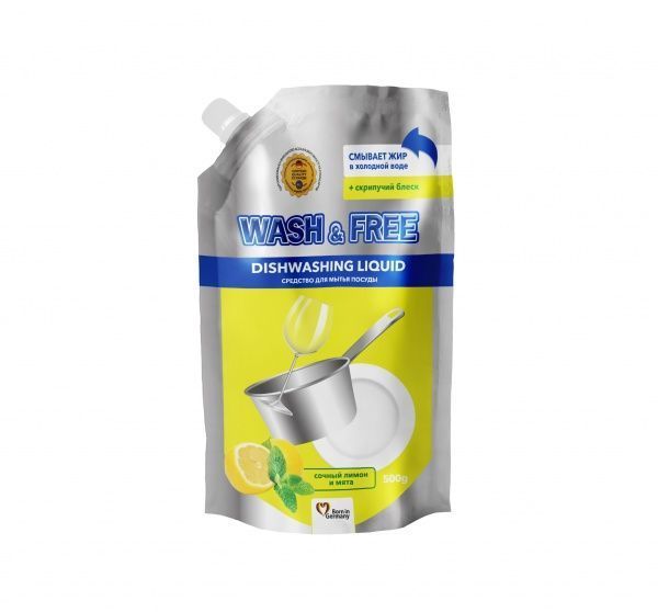 Засіб для ручного миття посуду WASH & FREE Лимон і м'ята (Doypack) 0,5л