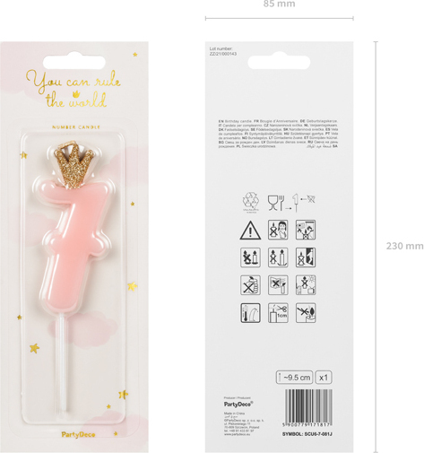 Свеча для торта Partydeco цифра 7 пастель розовая 9,5 см (SCU6-7-081J)
