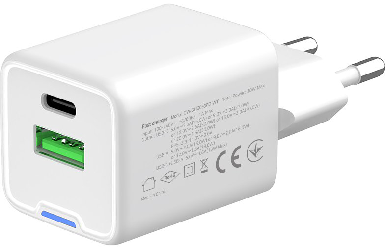 Сетевое зарядное устройство ColorWay GaN Mini 30W PD USB (Type-C PD + USB QC4.0) white