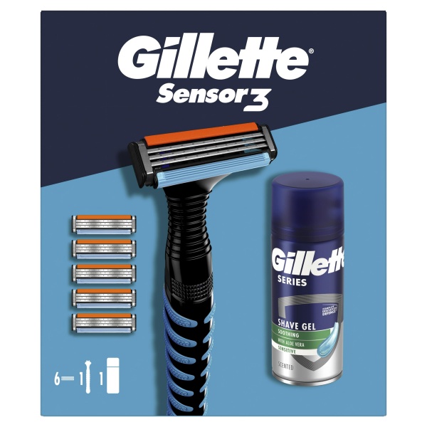 Подарунковий набір для чоловіків Gillette Бритва Sensor3 + 5 змінних картріджів + Гель для гоління Series 75 мл