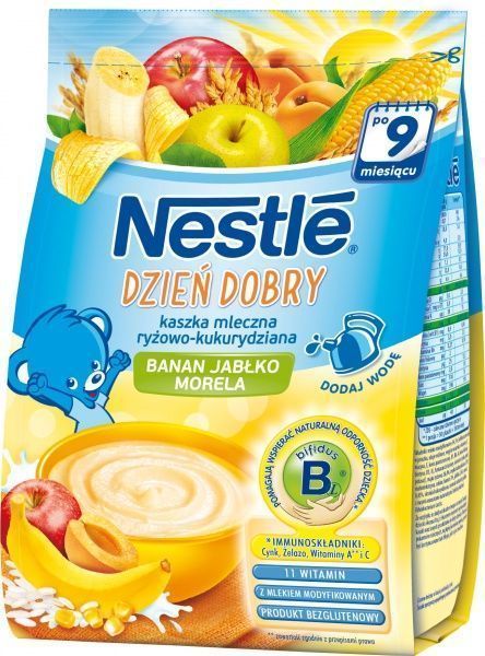 Каша молочна Nestle від 9 місяців рисово-кукурудзяна з бананом, яблуком та абрикосом 7613033071805 230 г 