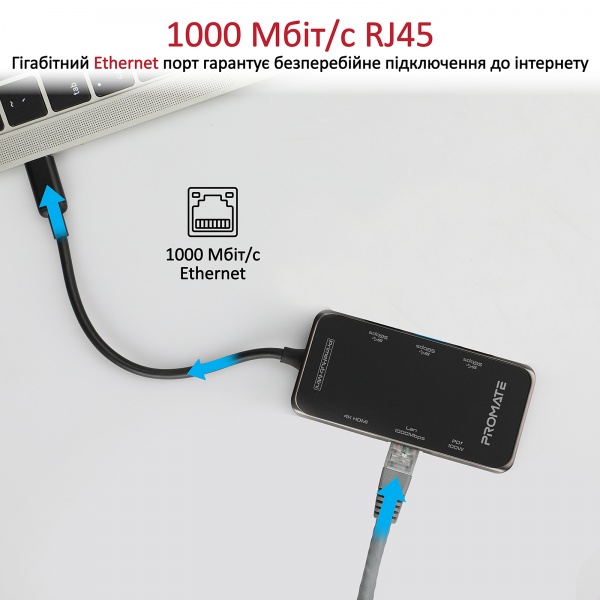 USB-хаб Promate PrimeHub-Mini USB-C PD/HDMI/3xUSB 3.0/RJ45/SD/MicroSD Grey