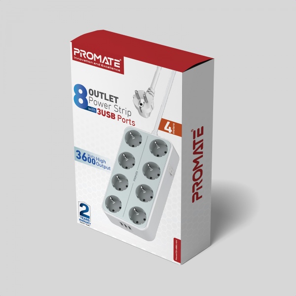 Сетевой фильтр Promate 11-в-1 PowerCord8EU-4M 8 розеток и 3 USB порта с заземлением 8 гн. white 4 м powercord8eu-4m.white 