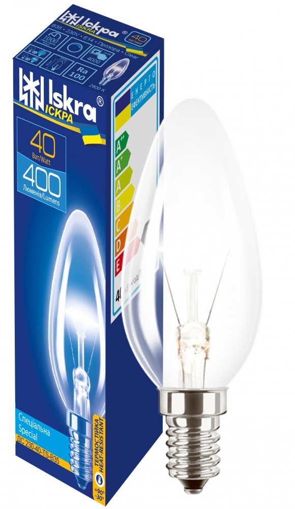 Лампа накаливания Іскра B35 40 Вт E14 230 В прозрачная (Iskra ДС 230-40-ТS-В35 Е14*100)