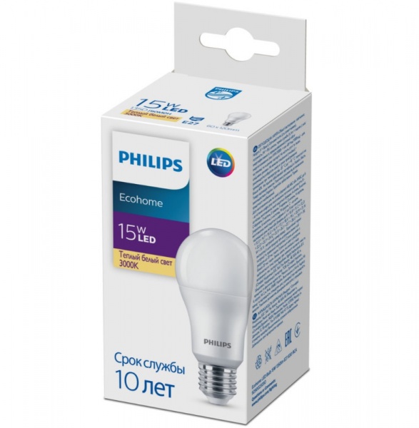 Лампа светодиодная Philips EcoHome 15 Вт A60 матовая E27 220 В 3000 К 929002305017 