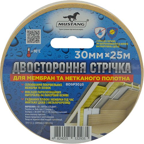 Стрічка Mustang двостороння для мембран та нетканого полотна 30 мм x 25 м 