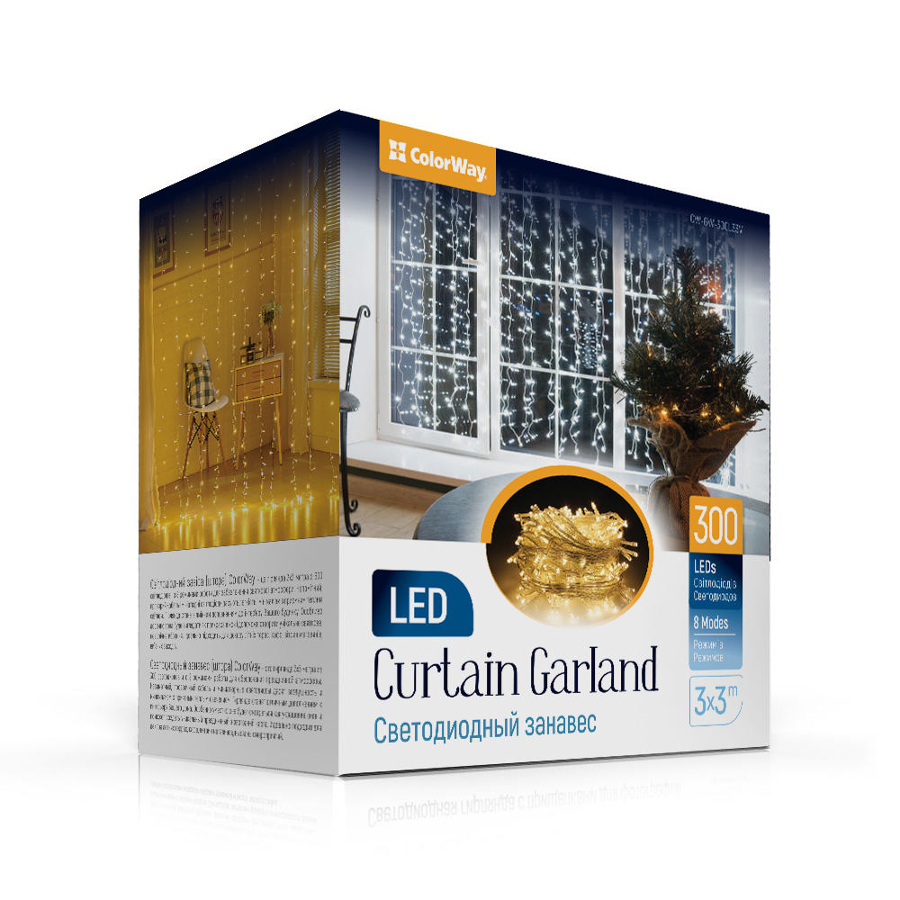 Гирлянда светодиодная ColorWay штора (занавес) 3x3м 300LED 220В теплый цвет 300xCW-GW-300L33V