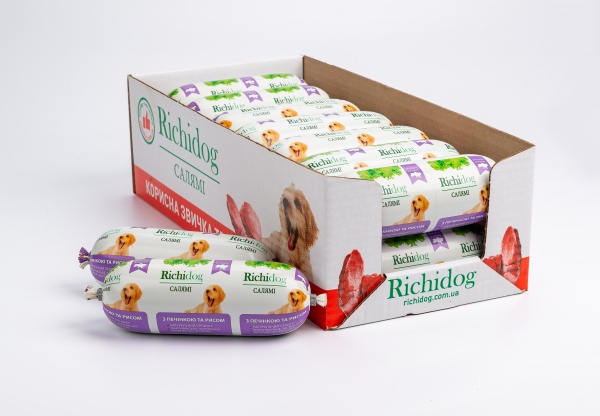 Корм вологий для молодих та дорослих собак для усіх порід Richi Dog Салямі з печінкою та рисом 350 г