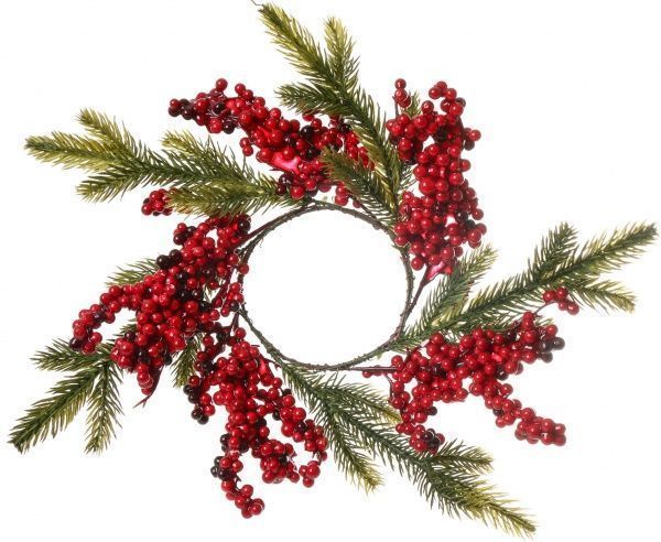 Винок декоративнный рождественский на свечу с хвоей и ягодами d80 мм 3351 