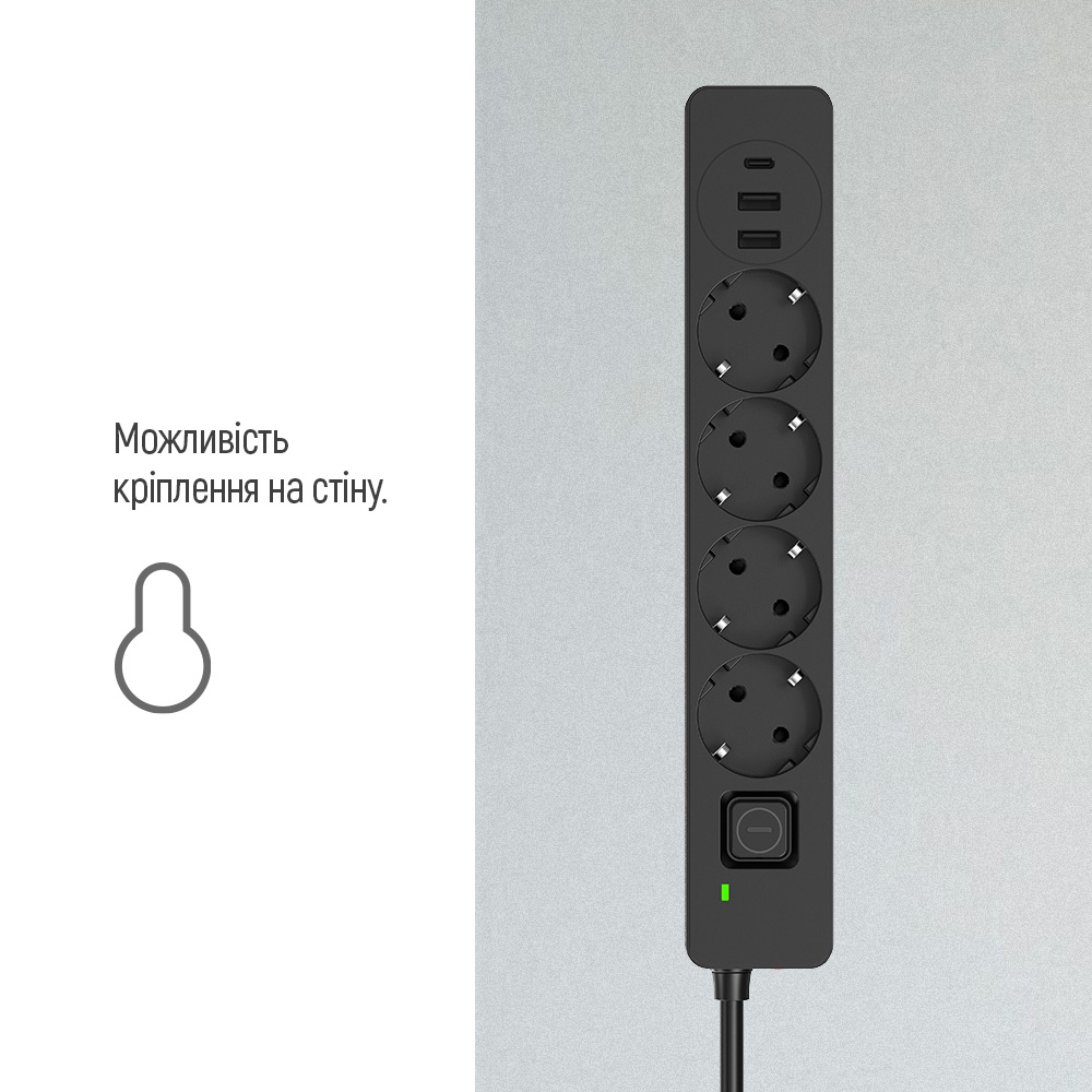Сетевой фильтр ColorWay 3USB (2USB-A +1 TYPE-C) (24W) с заземлением 4 гн. черный 5 м CW-CHE435PDB