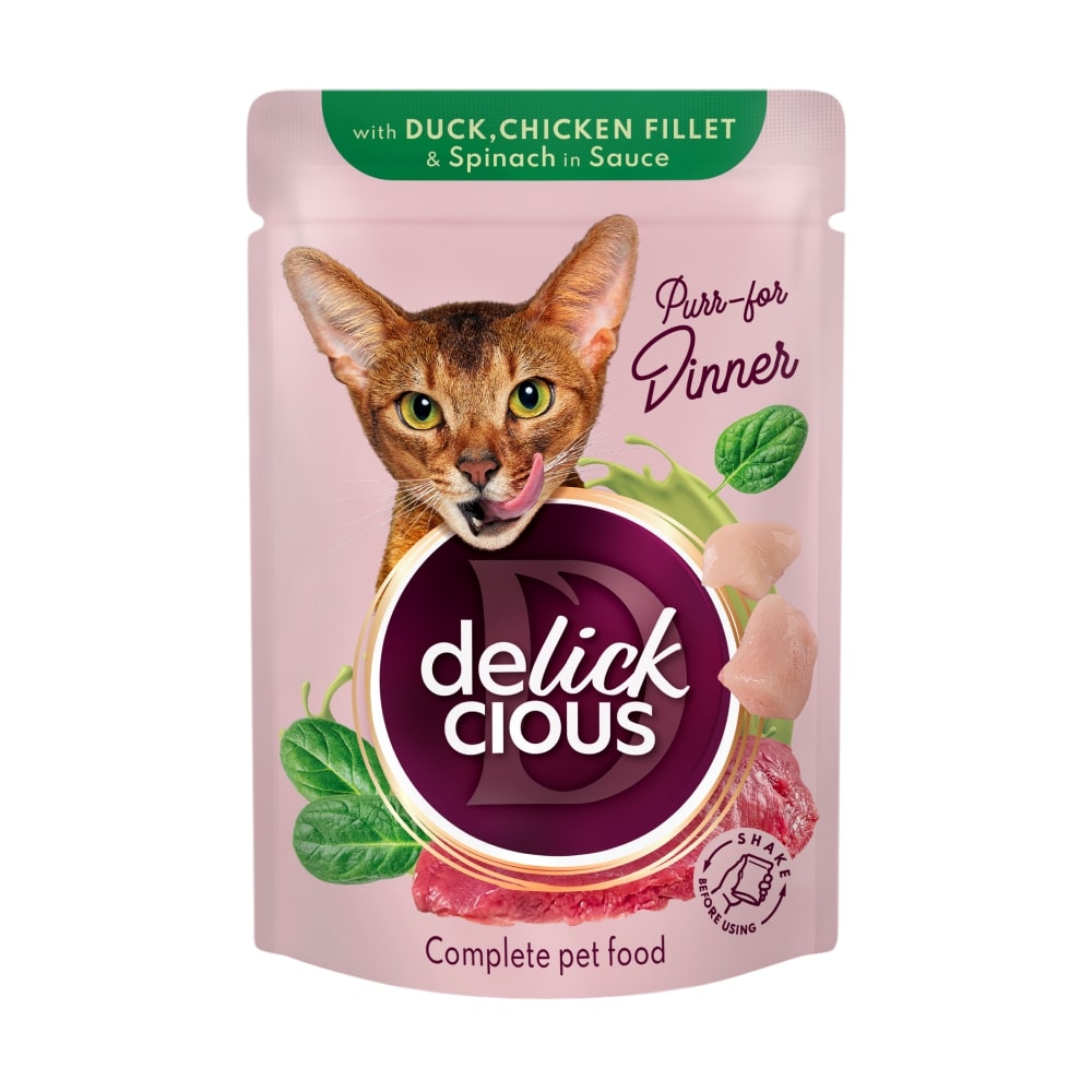 Корм вологий DELICKCIOUS «Шматочки з качкою, курячим філе і шпинатом в соусі» 85 г