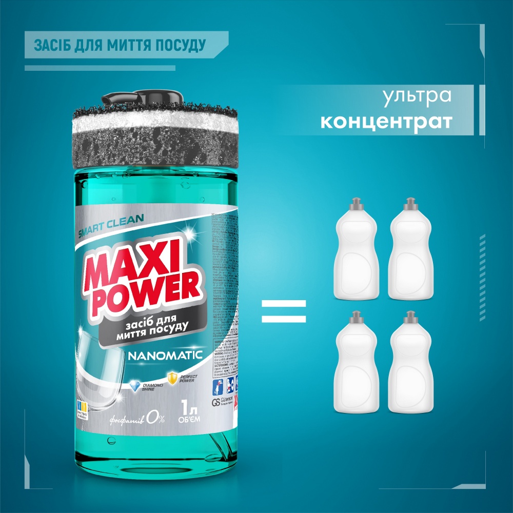 Средство для мытья посуды Maxi Power Nanomatic 1 л + губка 1 шт.