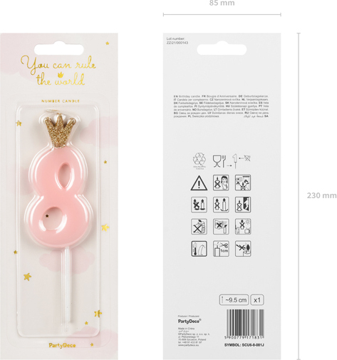 Свеча для торта Partydeco цифра 8 пастель розовая 9,5 см (SCU6-8-081J)