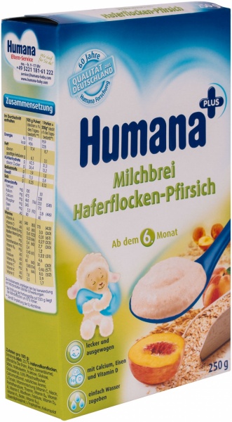 Каша молочная Humana от 6 месяцев овсяная с персиком 200 г 