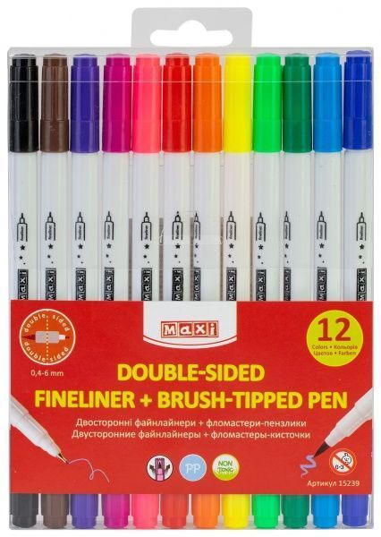 Фломастери-пензлики Brush-Tipped + лайнери 2в1 12 шт./уп. (0,4-6 мм) MX15239 Maxi