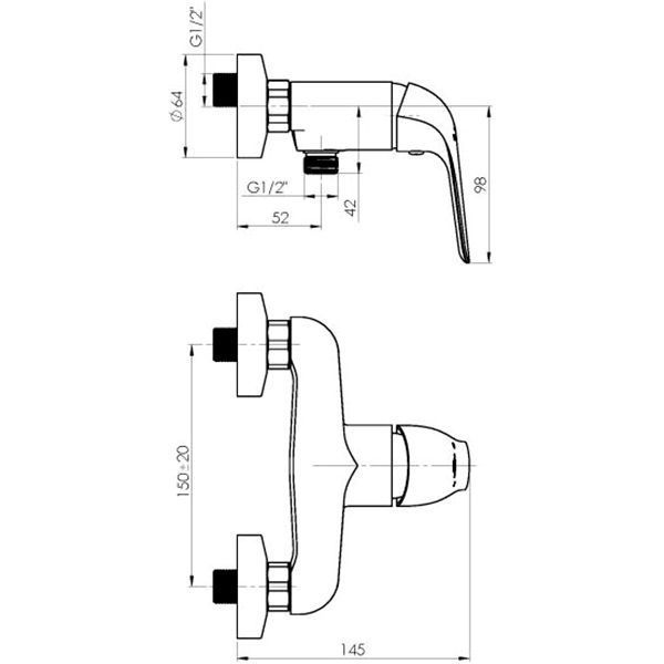 Змішувач для душу Rubineta з лійкою та душовим шлангом Lima-12/K LI20K08