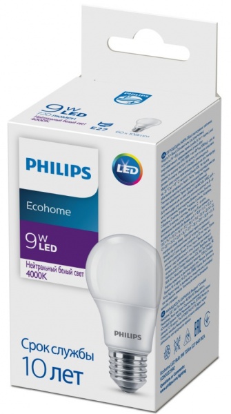 Лампа светодиодная Philips EcoHome 9 Вт A60 матовая E27 90 В 4000 К 929002299017 