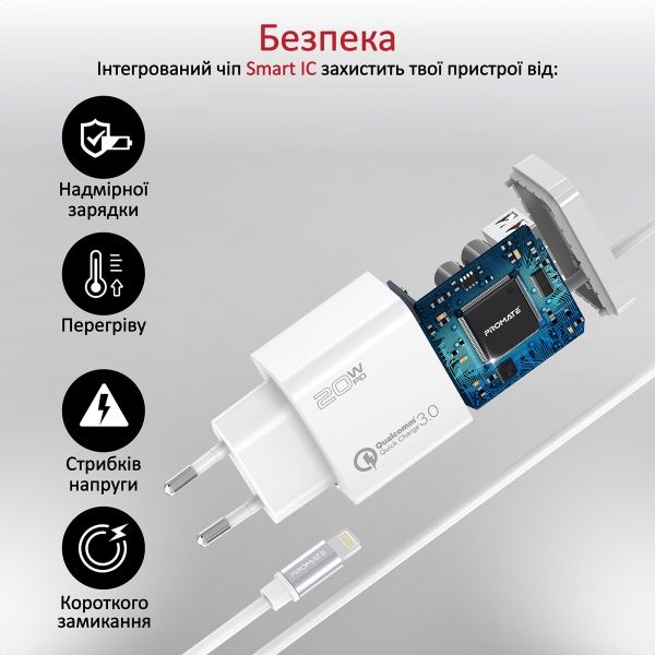 Зарядное устройство Promate iCharge-PDQC3 20Вт PD Lightning connector+USB QC3.0 White (icharge-pdqc3.white)