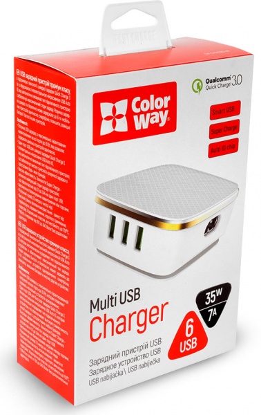 Зарядний пристрій ColorWay 6USB (1QC3.0 5 AUTO ID) 7A (35W) white (CW-CHS019Q-WT) 