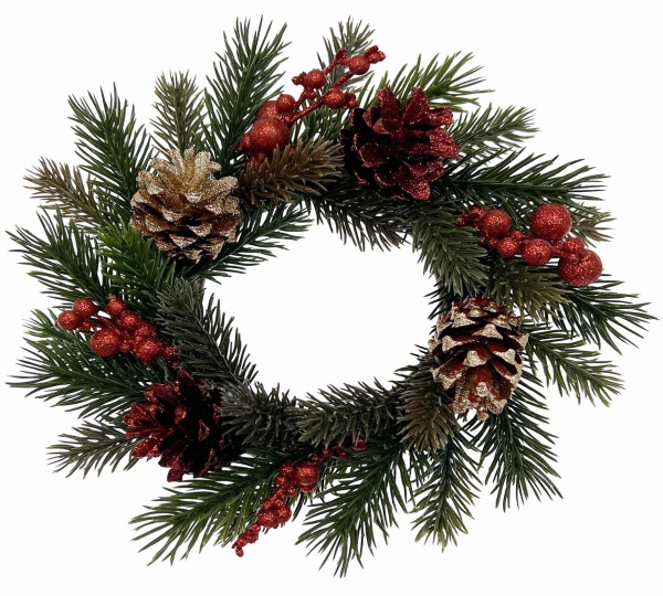 Венок новогодний № 2 с шишками и калиной d150 мм 