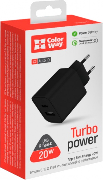 Сетевое зарядное устройство ColorWay (Type-C PD + USB QC3.0) 20W V2 черный CW-CHS025QPD-BK