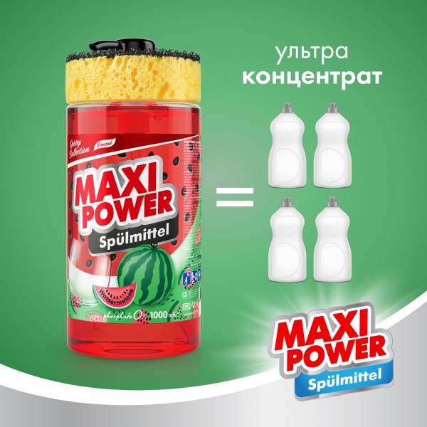 Средство для ручного мытья посуды Maxi Power Арбуз + губка 1л