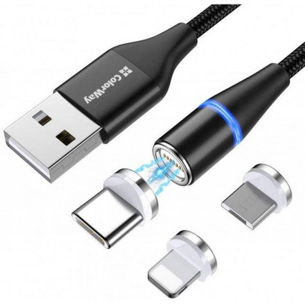 Кабель ColorWay USB - 3в1 Lightning + Micro 5P + Type-C Magnetic 1 м черный 