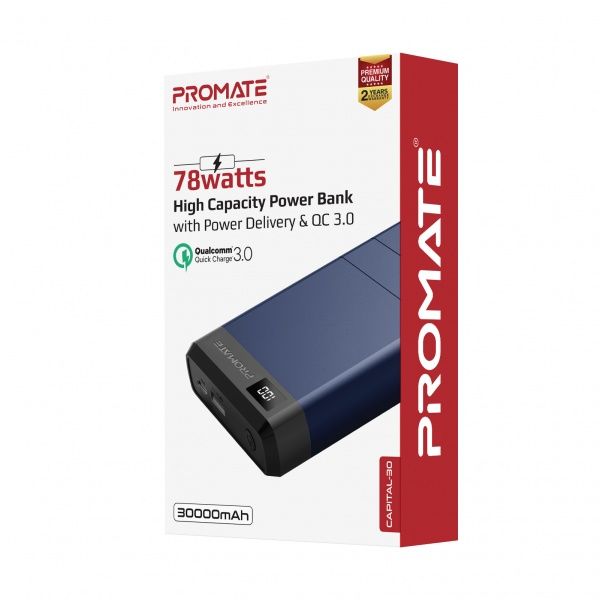Універсальна мобільна батарея Promate Capital-30 78W, USB QC 3.0, USB-C Power Delivery 30000 mAh blue (capital-30.blue) 