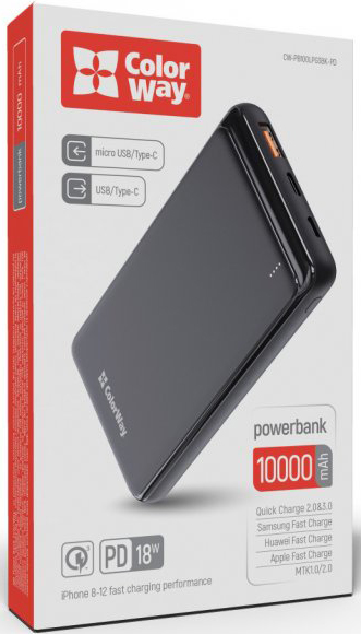 Зовнішній акумулятор (Powerbank) ColorWay LCD USB QC3.0 + USB-C PD 22.5W 10000 mAh black (CW-PB100LPG3BK-PD) 