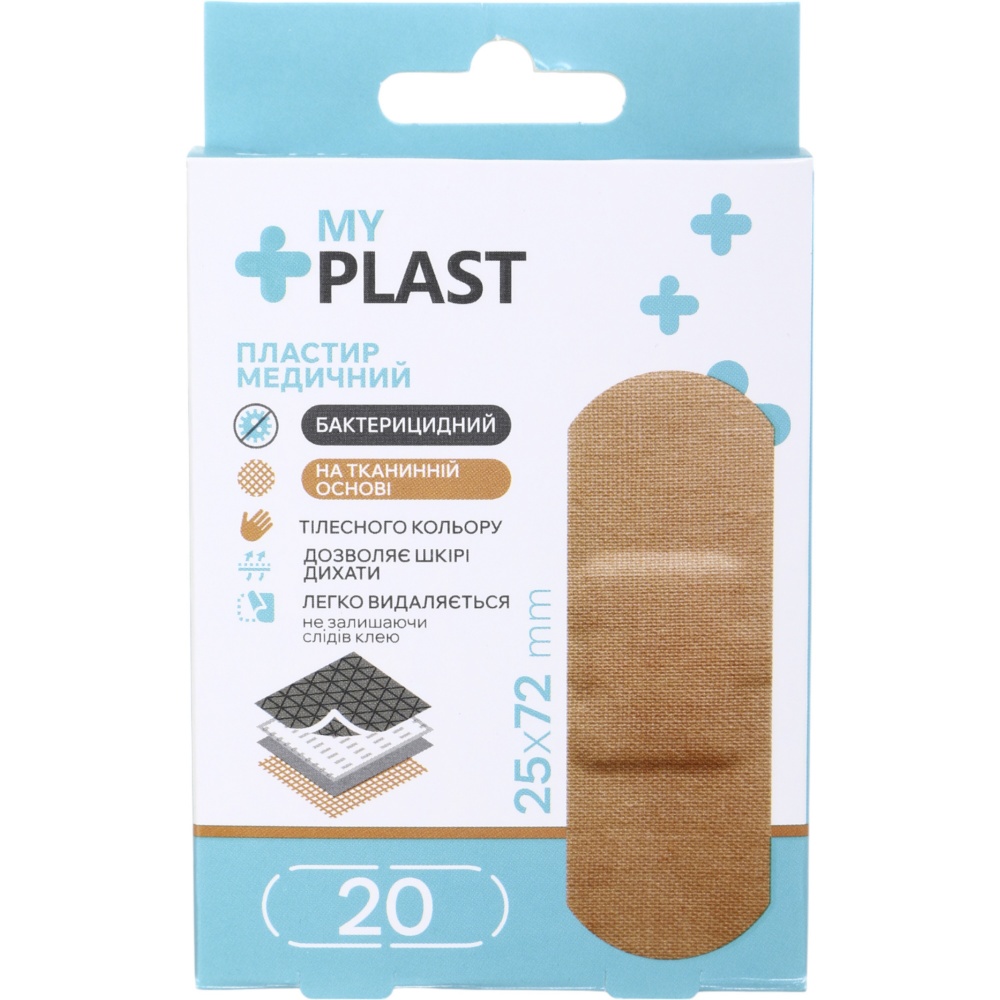 Пластир медичний My Plast бактерицидний з хлоргексидином 25 мм х 72 мм стерильні 20 шт.