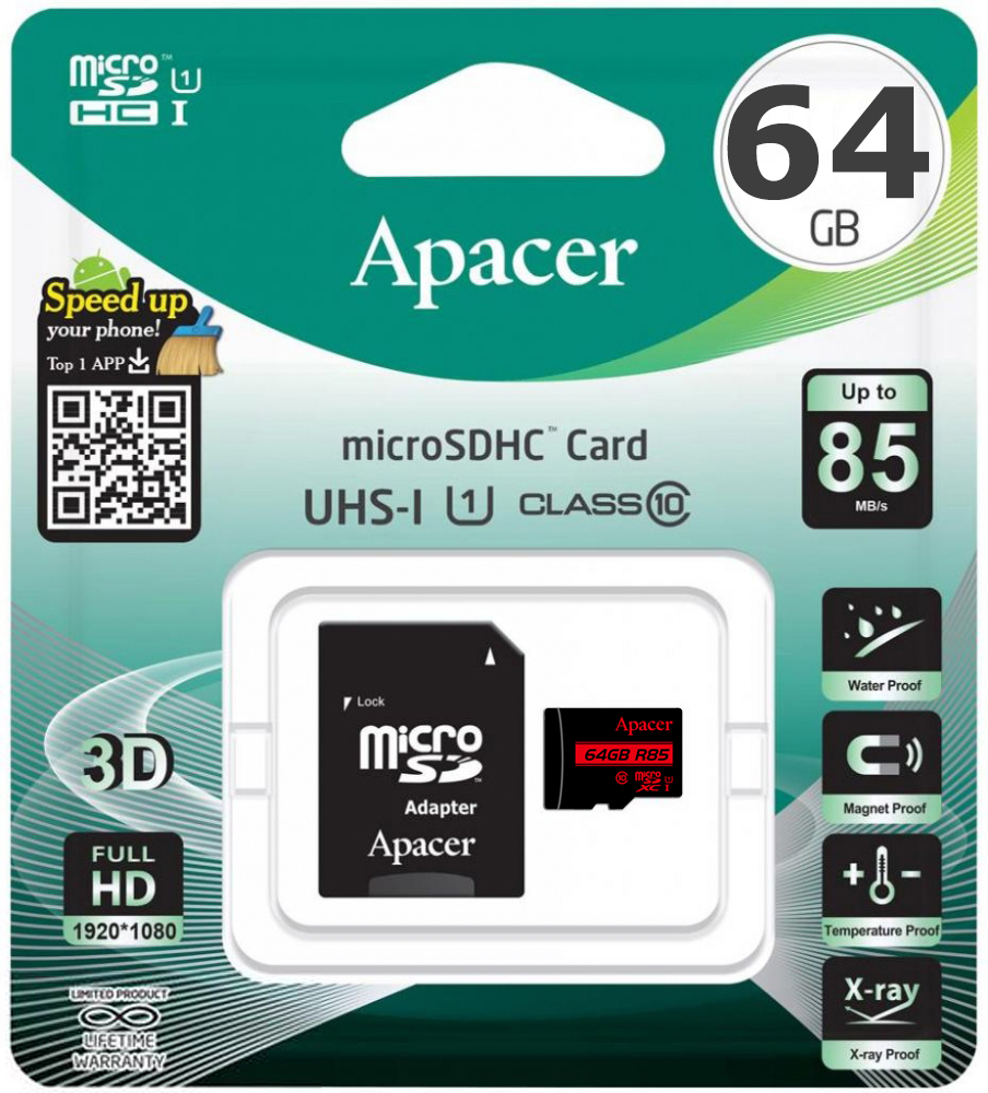 Карта пам'яті Apacer microSDHC 64 ГБ UHS Speed Class 1 (U1)Class 10 (AP64GMCSX10U5-R) AP64GMCSX10U5-R