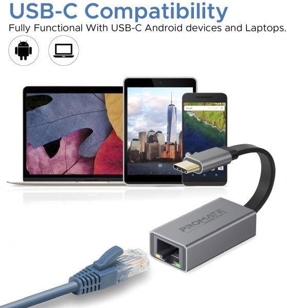 Переходник Promate USB Type-C/Ethernet 1Гбит/с 0,07 м серый (gigalink-c.grey) 